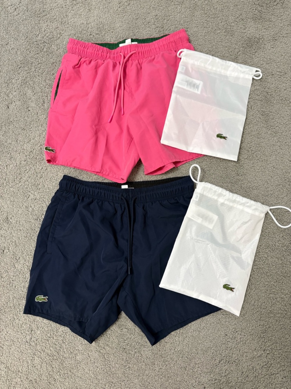 Men’s Lacoste Swim Trunks Size Small Pink and Navy Blue - 2 Set